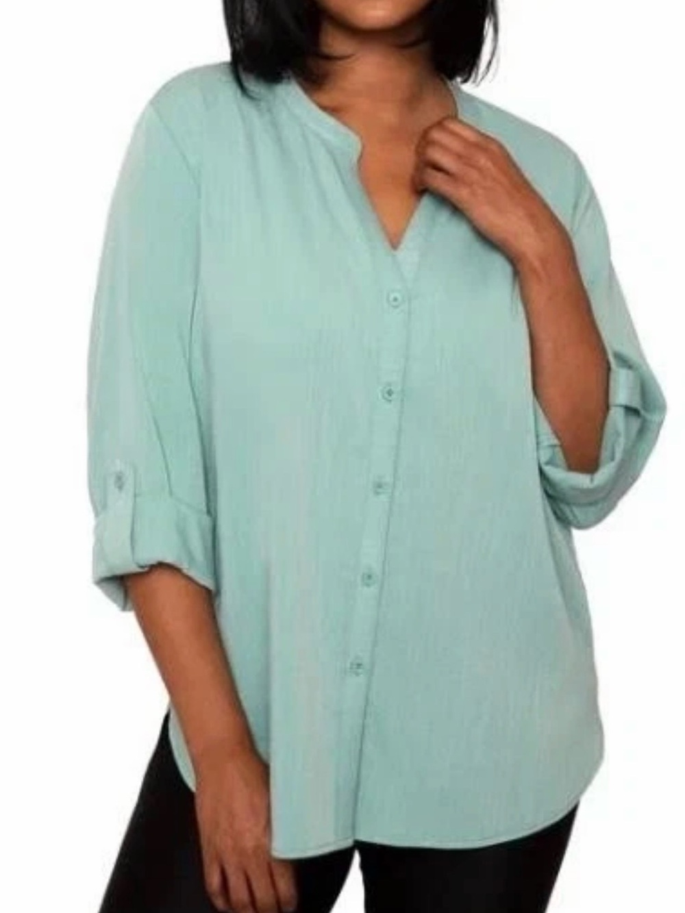Mario Serrani Women's Shirt Green Long Sleeve Button-Front V-Neck Relaxed Fit